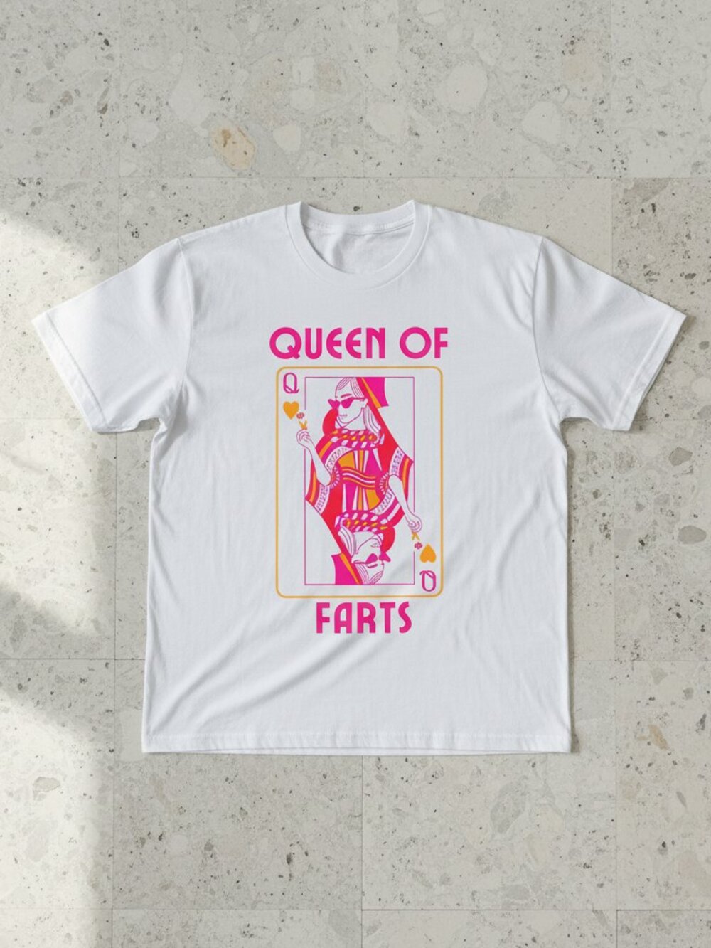 Funny “Queen of Farts” Graphic T-Shirt – Humor Playing Card Tee, White Unisex